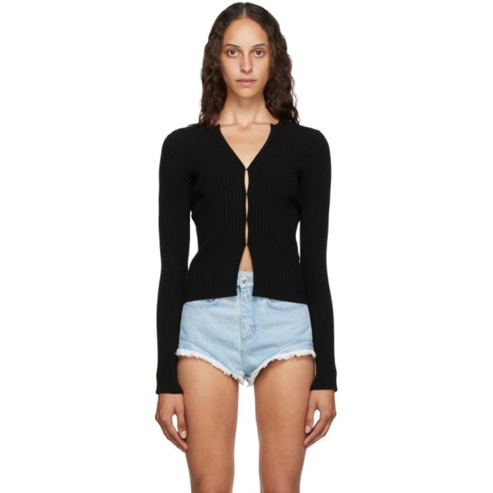 Black Ribbed V-Neck Button Cardigan Sweater